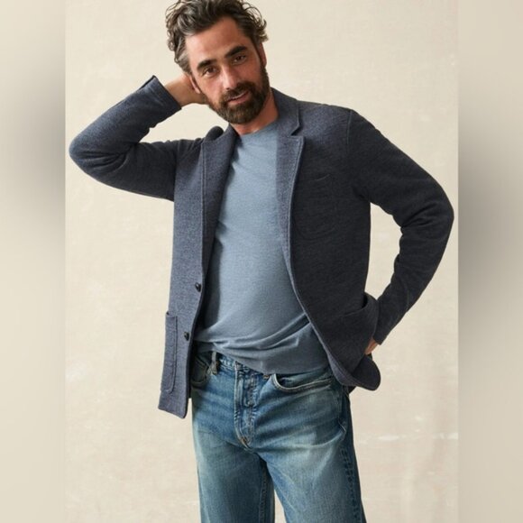 Faherty Blazer Men's Size Large Deep Navy Melange Inlet Knit Jacket Sweater - Picture 3 of 13